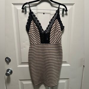 Elegant Black and Tan Lace Midi Dress